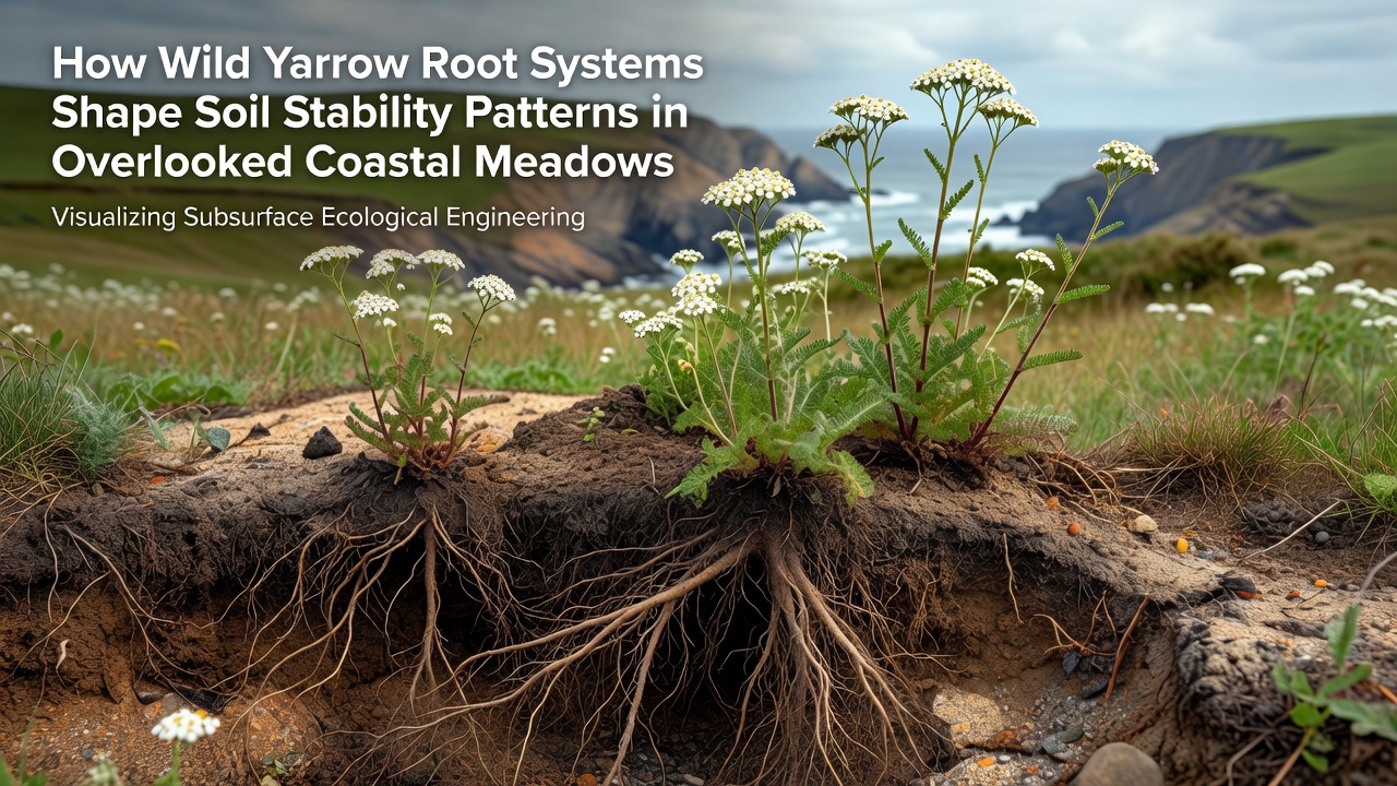 Close-up view of yarrow root systems exposed in a coastal bluff, illustrating fibrous laterals binding sandy soil layers